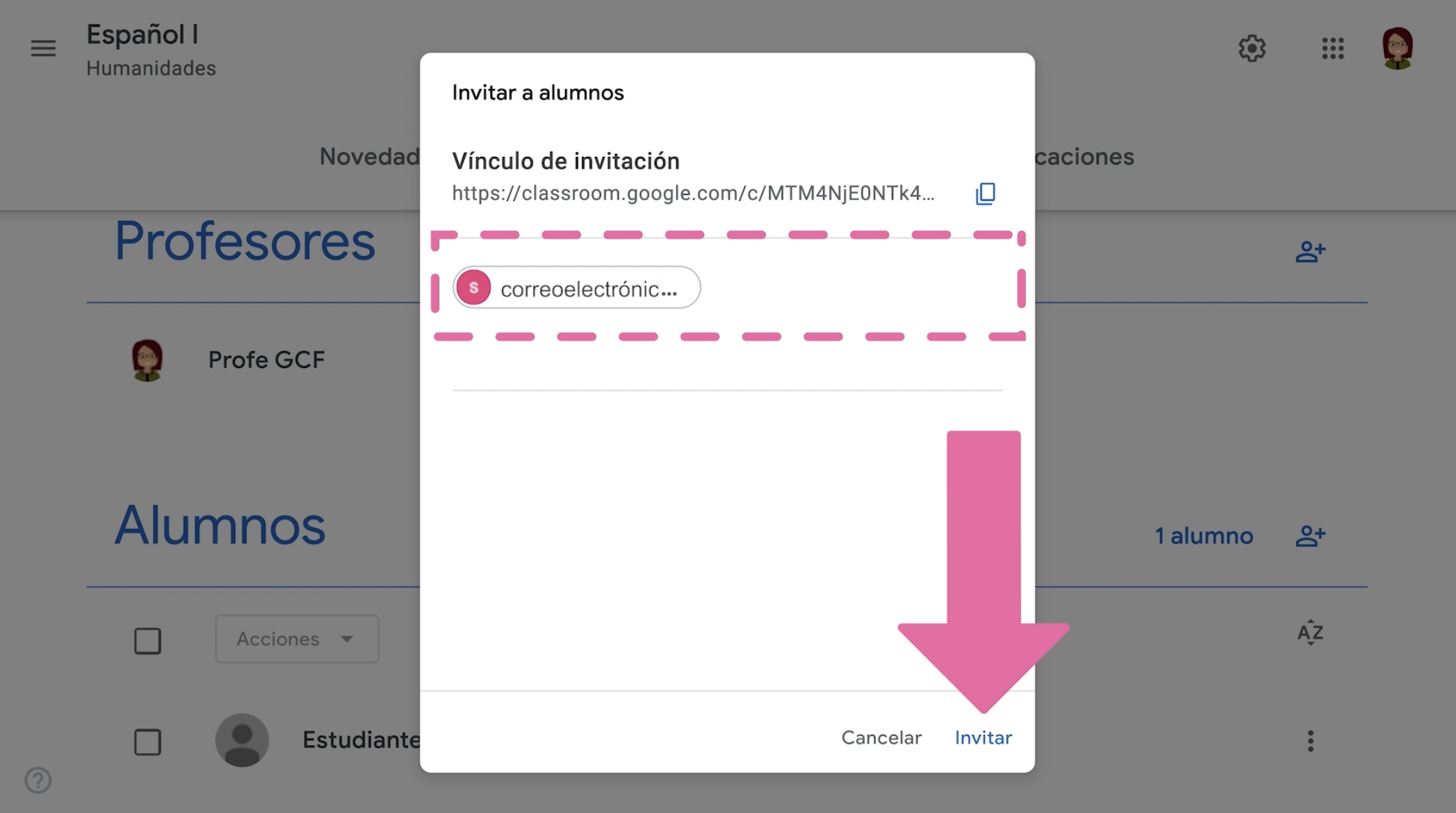 Invitar participante a clase en Google Classroom.